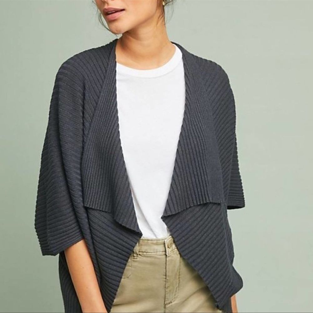 ANTHROPOLOGIE Pure + Good Charcoal Grey Amanda Shawl Kimono Cardigan OS Knit - Picture 1 of 9